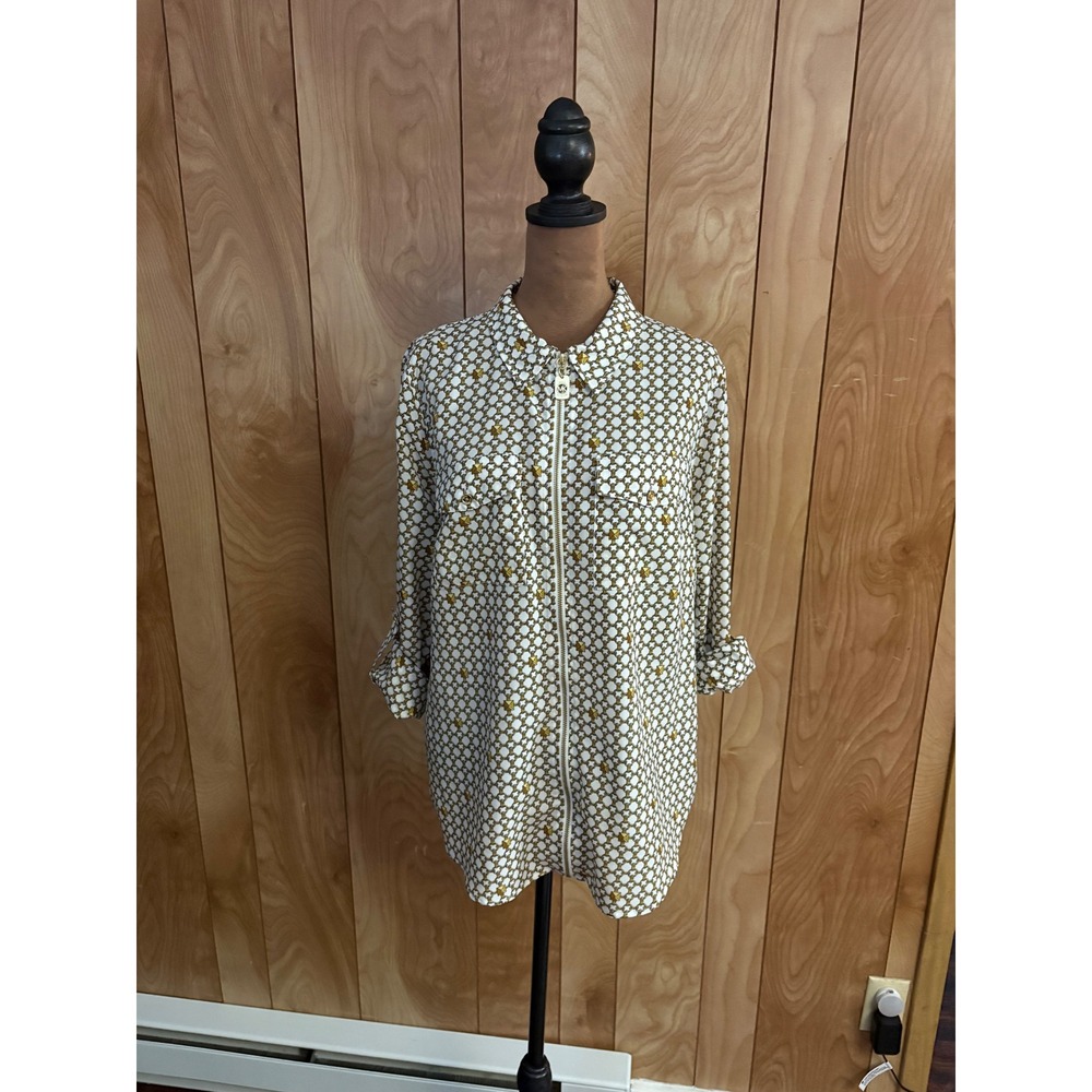 Michael Kors Womens Gold Chain Link Zip Front Roll Tab Blouse‎ Top Size 14